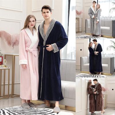 Mens Splice Thicken Coral Fleece Robe Bathrobe Gown Pajamas Sleepwear Pocket