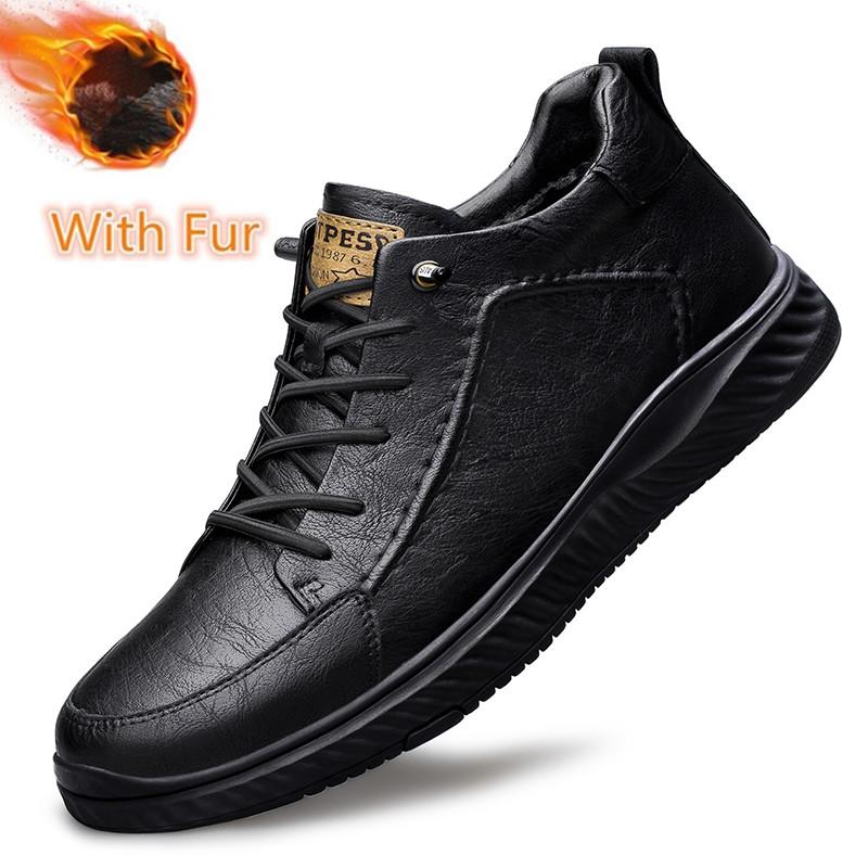 Mens Sneakers Genuine Leather Men's Boots Winter Platform Warm Fur Ankle Short Lace Up Novelty Concise Casual Work Shoes Botas
