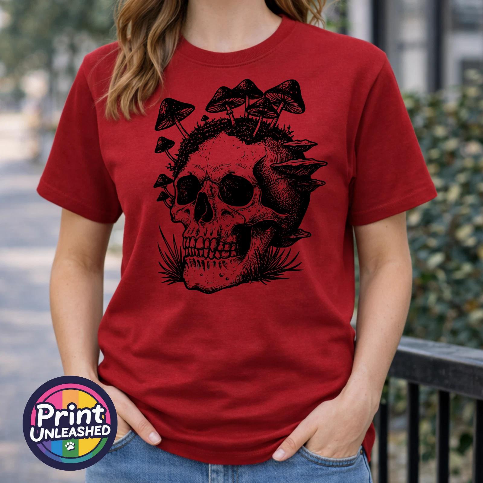 Gothic Skull Printed T-Shirt Forest Skeleton Dark Graphic Deep Cherry Red S-3XL S