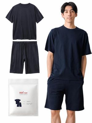 [Duerfusa] Temperature-regulating, Comfortable Sleep Pajamas for Men, Short-sleeved Top and Bottom Set, Navy, Size 3L