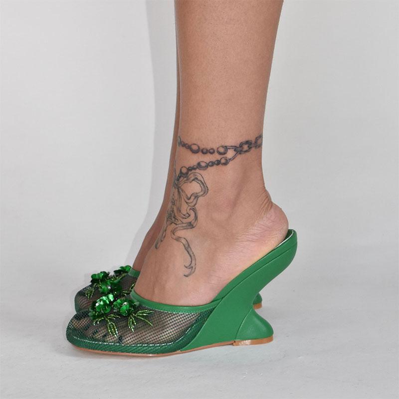 Mode Damen Sommer Keilabsätze Mesh Schuhe Für Damen Blume Runde Zehenpartie Slipper Aushöhlen Hochhackige Sandalen Mujer Party Hochzeit Pumps