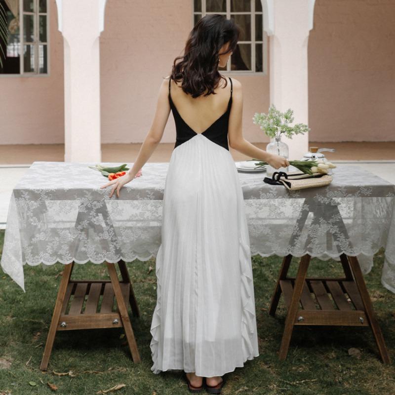 Seaside Vacation Chiffon Collar Suspender Dress Women's Travel Photo Clothes Fairy Off-the-shoulder Beach Dress