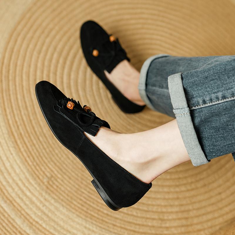 Fashion Suede Loafers Women Slip-On Butterfly Knot Flats Shoes Genuine Leather Ballets Flats Shoes for Women Moccasins Leather Shoes