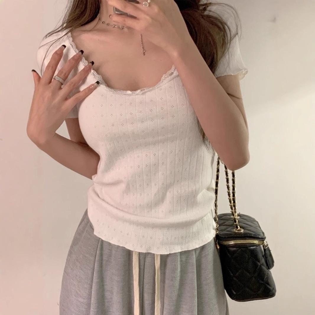 

Pure & Sexy Lace Trim U-Neck Slim Fit Short Sleeve T-shirt - Summer Korean Style M белый