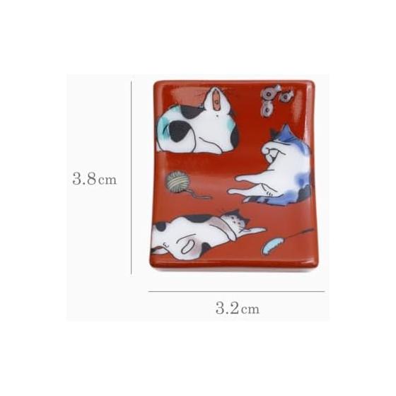 Kutani Ware Chopstick Rests - Japanese Traditional "Kutani Five Colors" Porcelain - Cat Design with Pouch - "Seikou Kiln" - Authentic Japanese