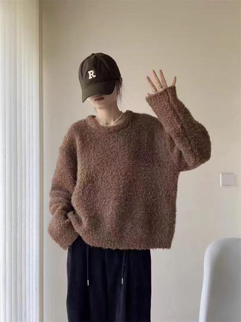 Circle Yarn Solid Color Crew Neck Pullover Sweater Women's Autumn and Winter New Loose Lazy Wind Knitted Sweater