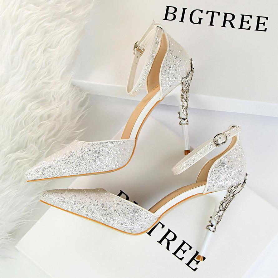 Bigtree European and American Fashion Sexy Hollow Out Nightclub Show Metal Heel  9.5cm High Heel Sparkle Sequins with Sandals