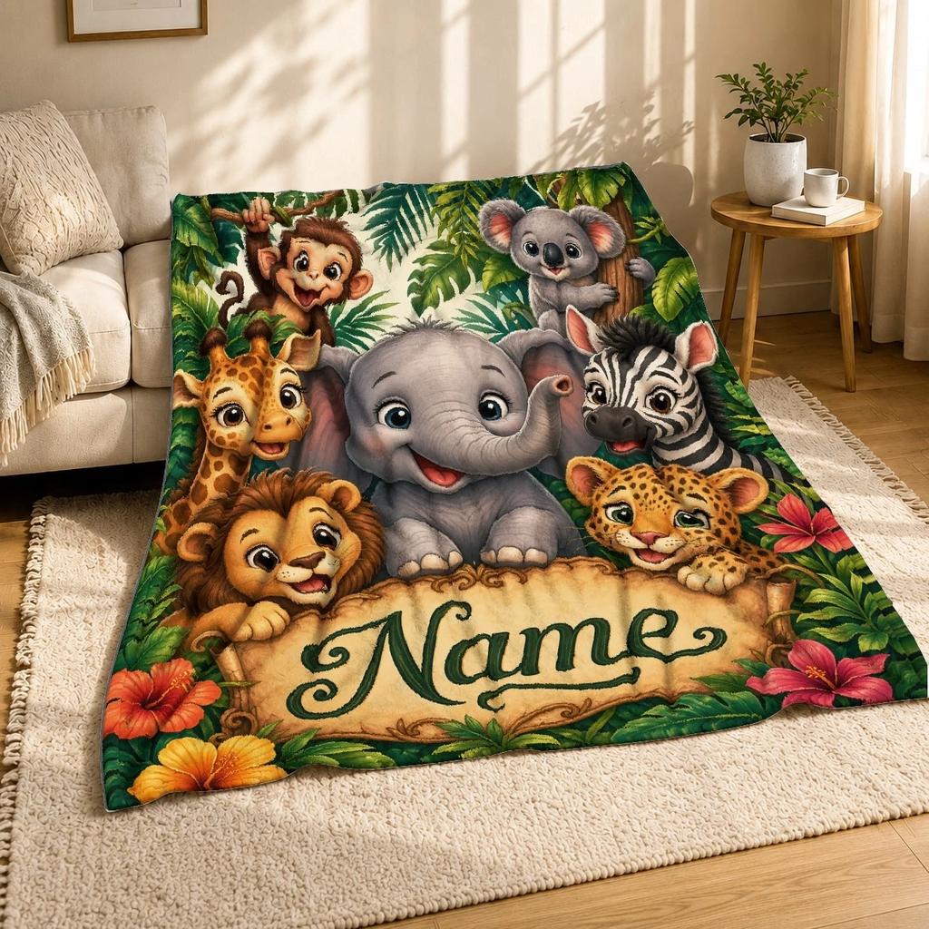 Jungle Safari Baby Elephant Coral Fleece Blanket Name Decor