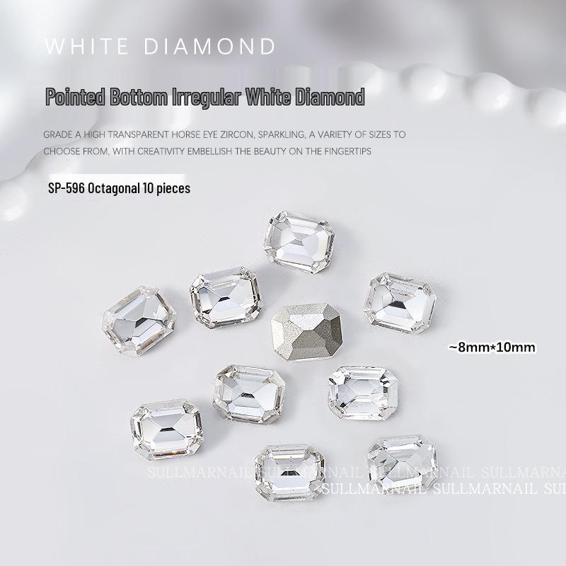 10-Piece Nail Art Set: Pointed Bottom Heart, Crooked Heart, White Diamond, Peach Heart, Square Transparent Rhinestones for Nail Decoration