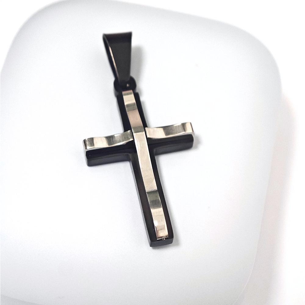 Stainless Steel Double-layer Cross Leather Rope Necklace for Women Men Silver&Black Trendy Jewelry Gift