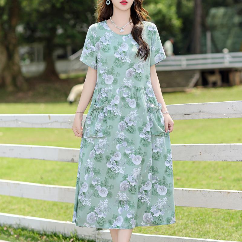 Vintage Print Long Dresses for Women Plus Size Short Sleeve Casual Summer Dress Elegant Middle-aged Women's Clothing