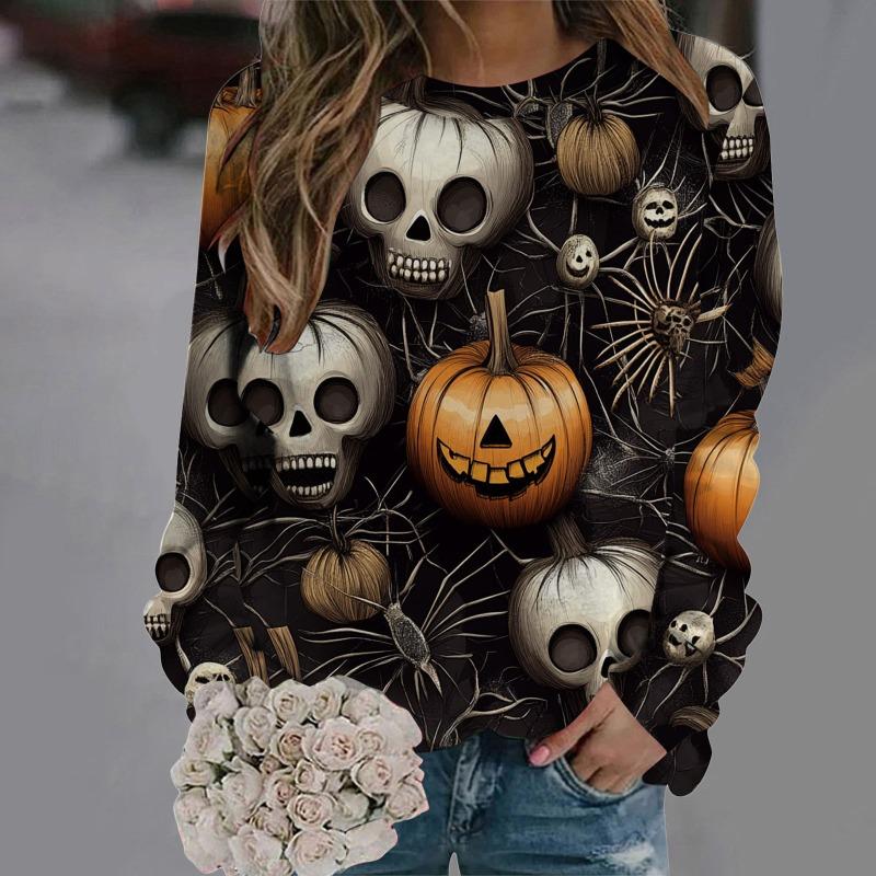 Women's Halloween Pullover Tops Ghost Pumpking Print Hoodless Sweatshirt Casual Long Sleeve Sweatshirt Y2K Streetwear for Women