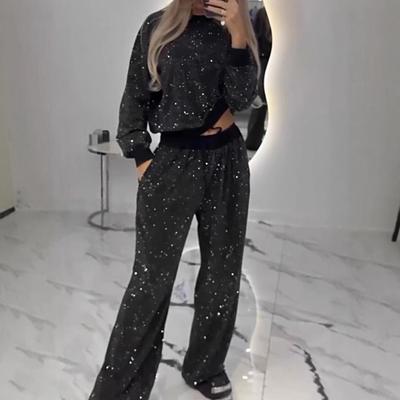 2 Pcs/Set Women Top Pants Suit Sequin Round Neck Long Sleeves with Elastic Cuffs Elastic High Waist Wide Leg Trousers Set Daily Casual Outfit