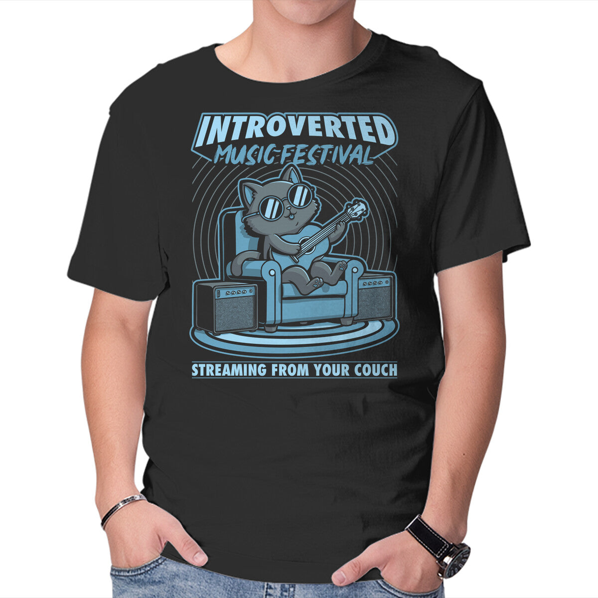 Unisex Crew Neck T-Shirt Introverted Music Cat Graphic Short Sleeve Casual Tee L