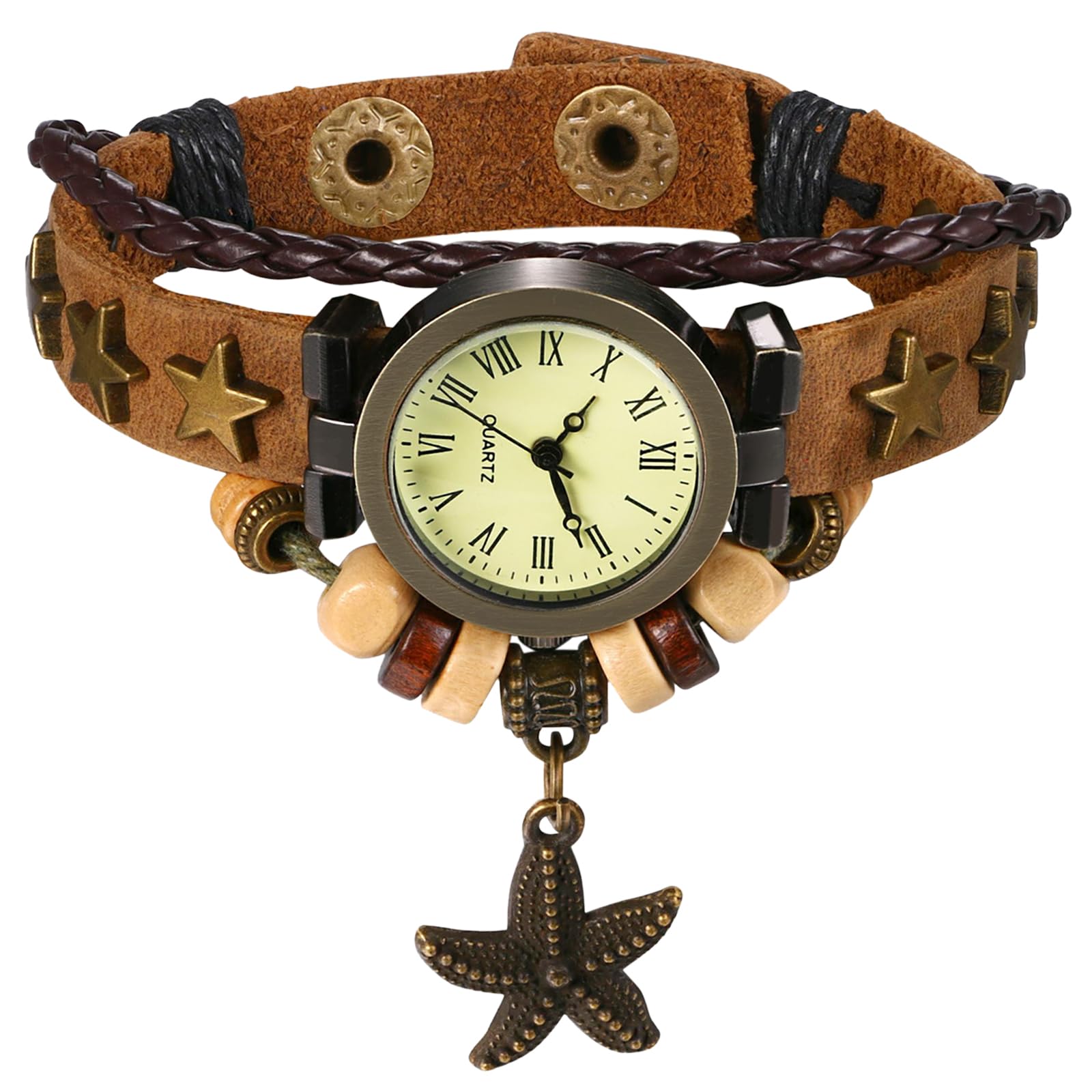 

старинная кожа милые бусины звезда аналоговый дисплей водонепроницаемый кожаный ремешок регулируемая длина коричневые кварцевые часы модные часы день рождения годовщина