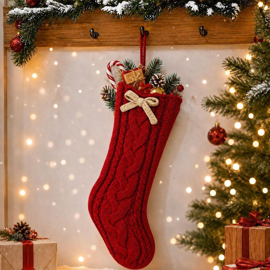 Large Twisted Cable Knit Christmas Stocking Gift Bag Decoration