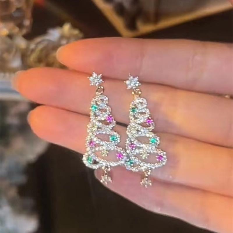 New Full Inlaid Colorful Zircon Christmas Tree Tassel Earrings Women's Fashion Personality Earrings Party Jewelry Christmas Gift