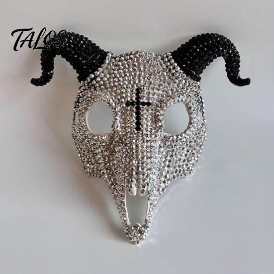 Light Luxury Skull Mask Halloween Rhinestone Full Face Mask, Black White Ram Horn Masquerade Sparkly Crystal Glitter Party for Adults Unique Costume