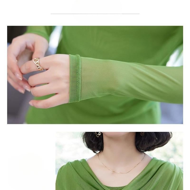 Fashion Spring Summer Mesh Base Shirt Thin Loose Fit Long Sleeve Elegant T Shirt Women Cover Belly Blouse