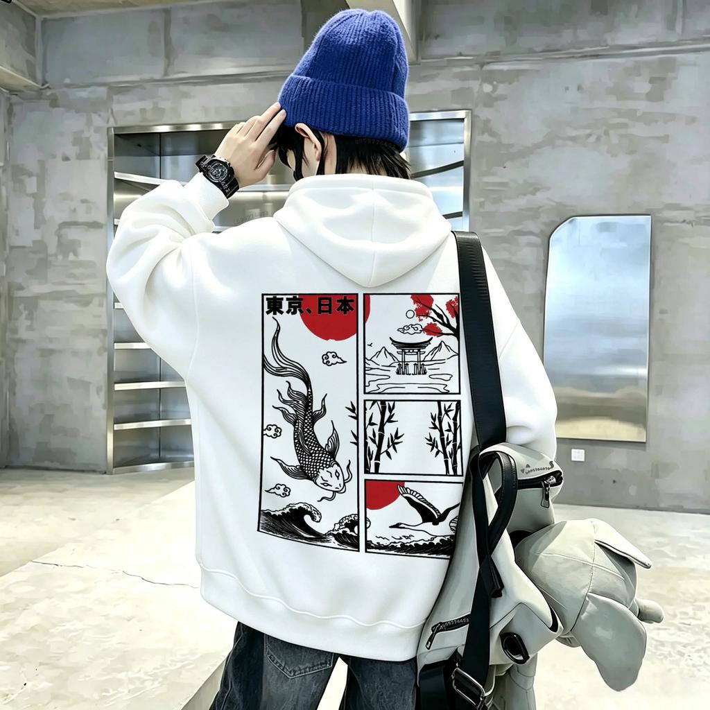 Nieuwe casual hoodie met lange mouwen in vintage stijl voor kinderen, met kunst-geïnspireerde patronen van koi, kraanvogels en bergen.
