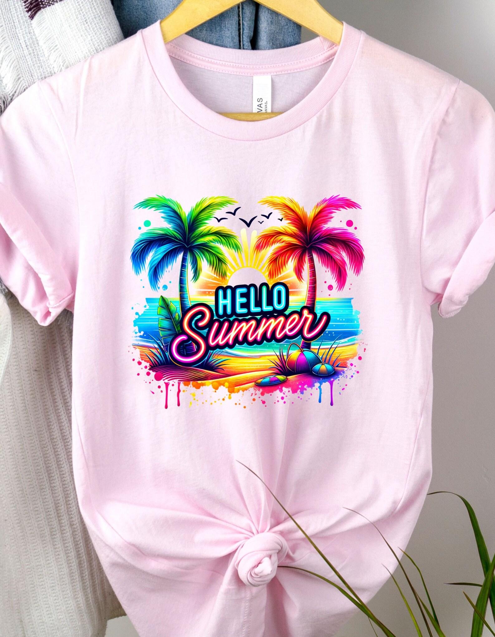 Hello Summer tshirt, neon summer, palm trees, summer vacation shirt, 6 colors 3XL