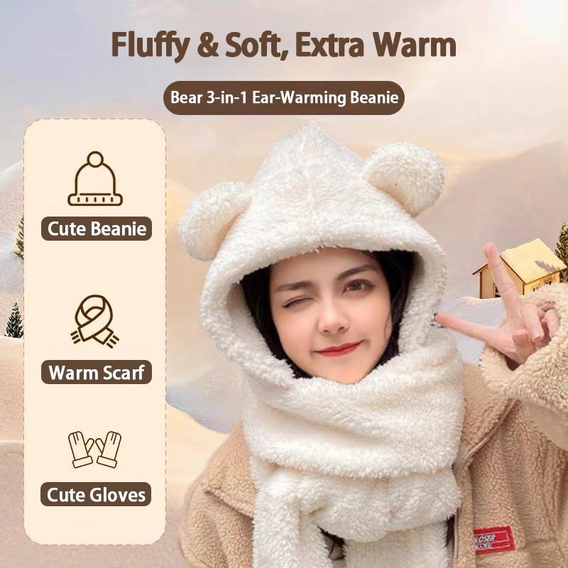 Cute Bear Ear Hat Scarf Gloves Set Thicken Women Beanies Caps Winter Warm Windproof Ear Protection Hat