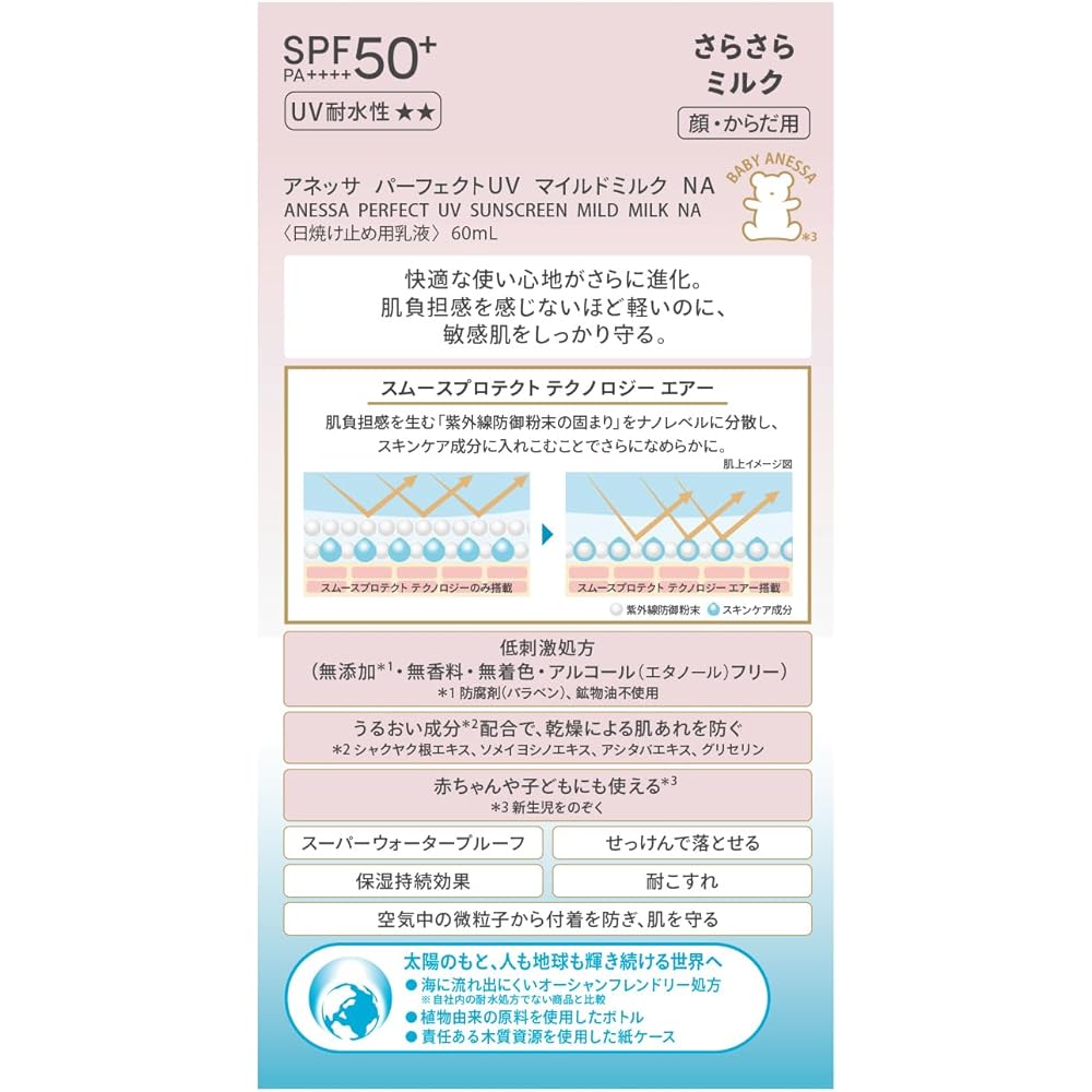 Anessa Perfect UV Mild Milk 60ml SPF50+ PA++++ Sensitive Skin Waterproof Sunscreen for Face and Body