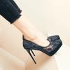 Fashion Fashion Roman Pumps 12Cm Black Platform High Heels Mesh Breathable Sexy Shallow Mouth Pointed Single Shoes Small Size 32 33