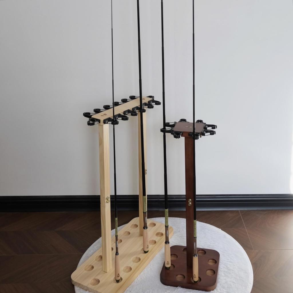 FINNECT Wooden Rod Stand, 8-Piece Set, Assembled, Natural Wood, Holds 8 Rods, Fishing Tackle Storage, Easy to Use, Walnut Color