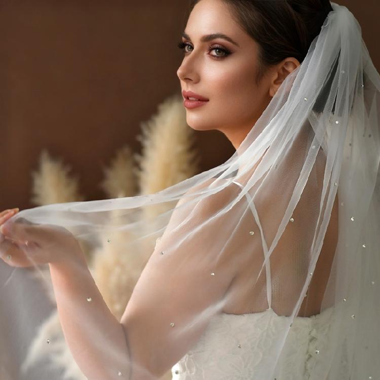Sheer Bridal Hair Veils With Sparkling Crystal Rhinestones And Secure Hair Comb For Outdoor Wedding Ceremony Dressingup