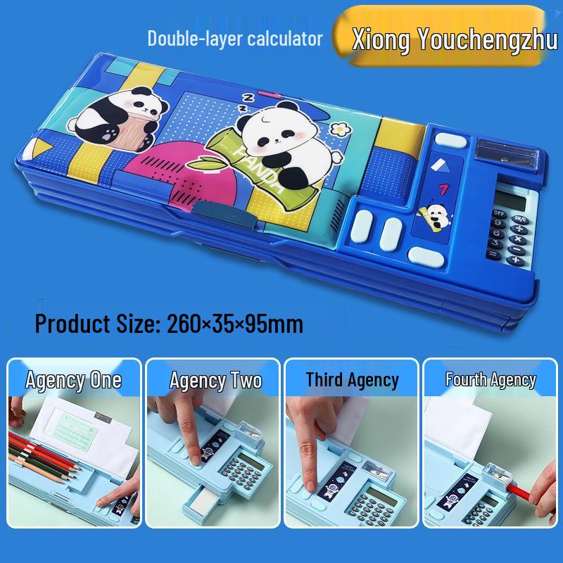 Creative Double-Sided Pencil Case with Calculator for Primary Students