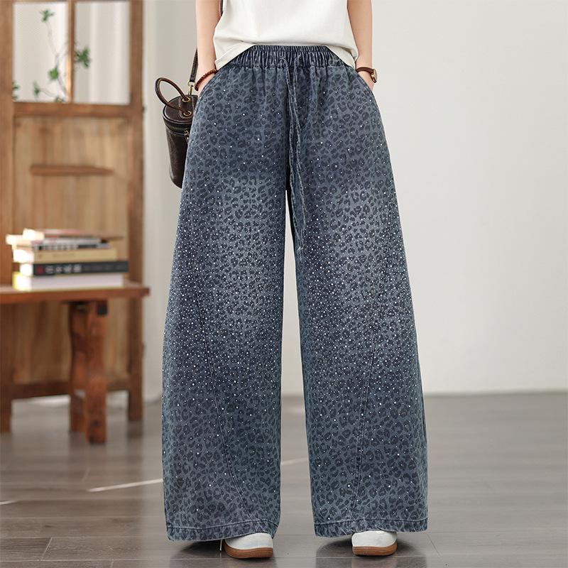 Leopard Print Rhinestone Plus Size Wide-Leg Denim Pants - Elastic, Loose, Slimming, Versatile Casual Wear Large