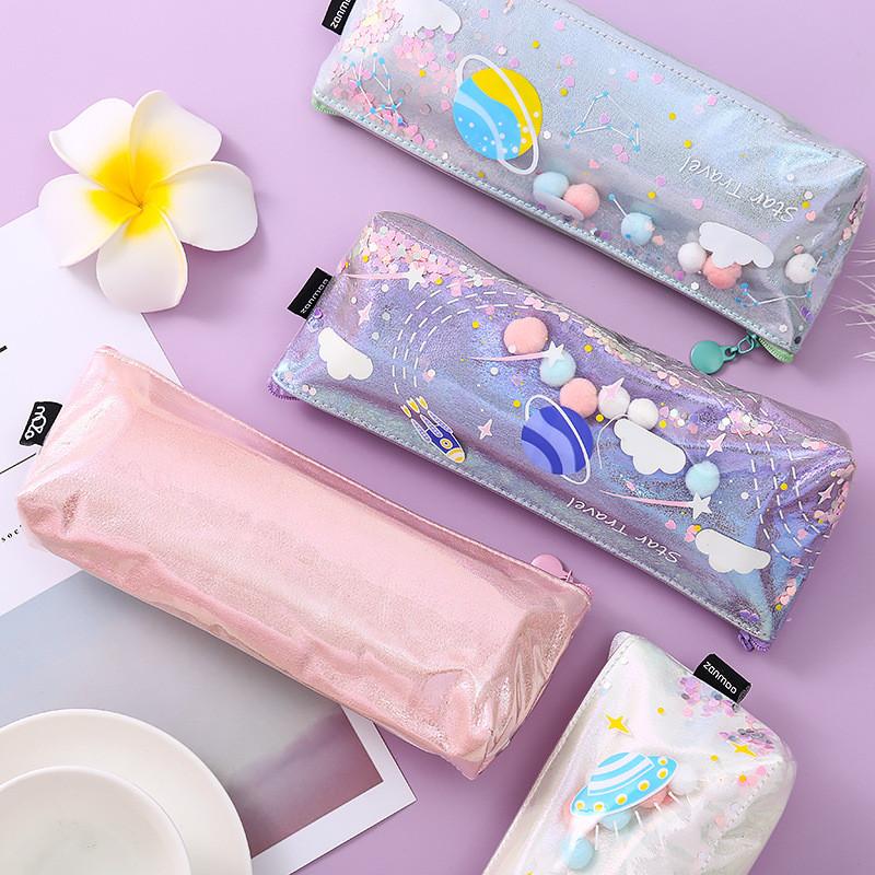 Star Planet Galaxy Flowing Sand Pencil Case With Waterproof Laser Material For Students And Teens
