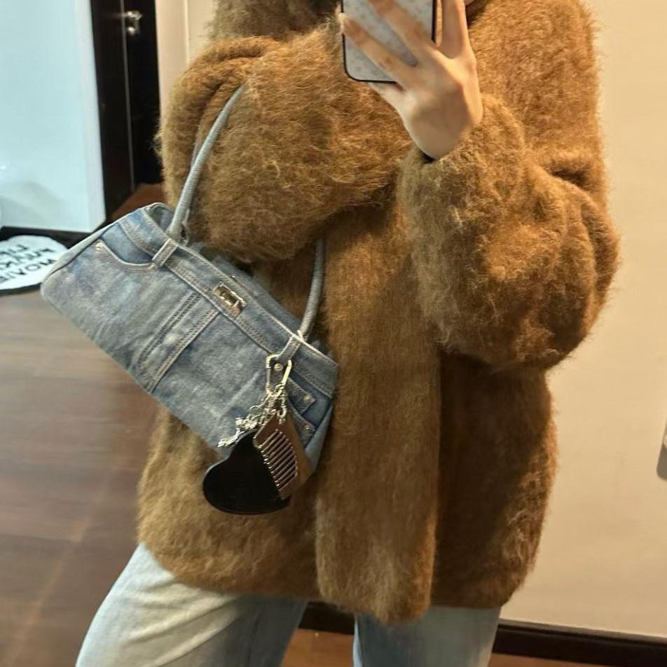 Niche Distressed Washed Denim Baguette Shoulder and Crossbody Bag with Comb Mirror