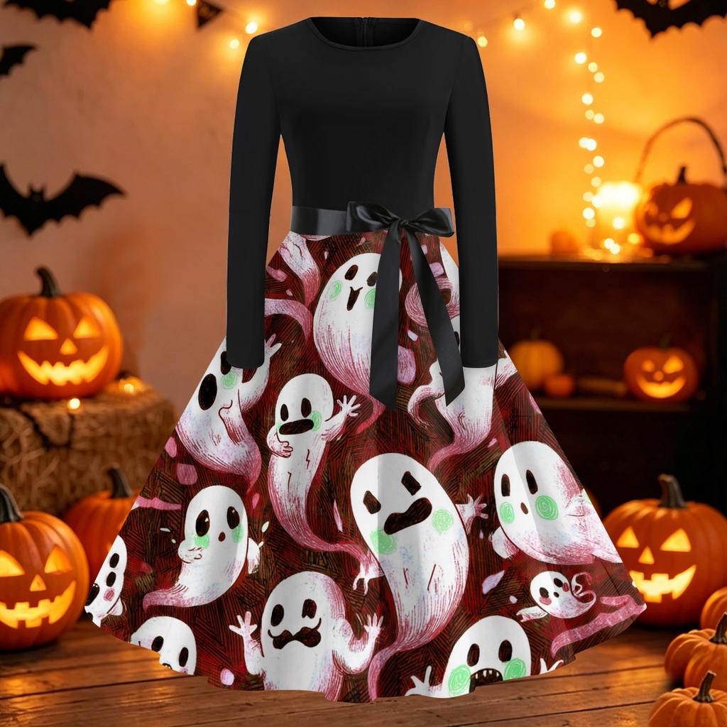 Women's Vintage Halloween Print Round Neck Casual Dress for Everyday Wear
