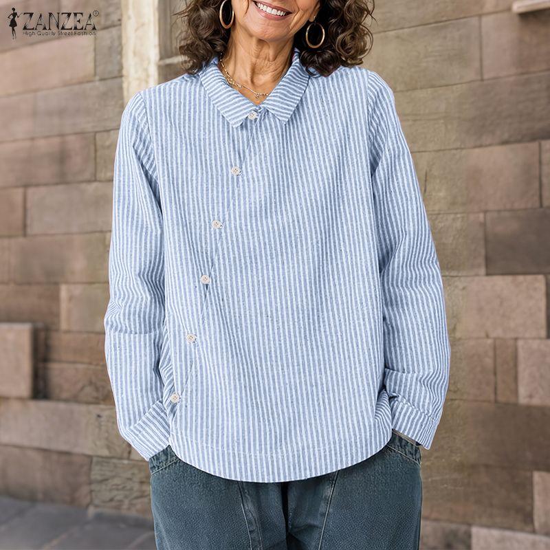 ZANZEA Womens Casual Long Sleeve Classic Stripe Blouse