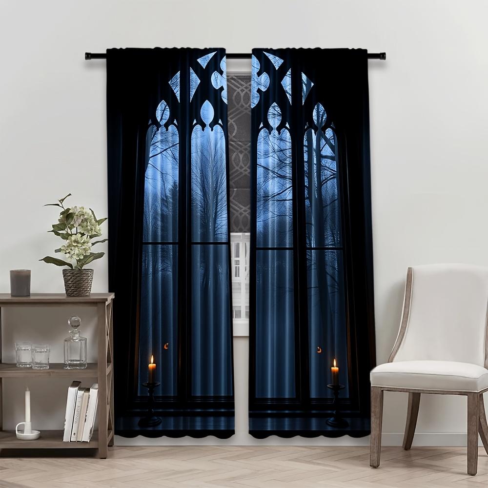 Set Of 2 Gothic Style Curtains Horror Themed House Featuring Design Suitable Bedroom Living Room Made Polyester Area Window Treatment