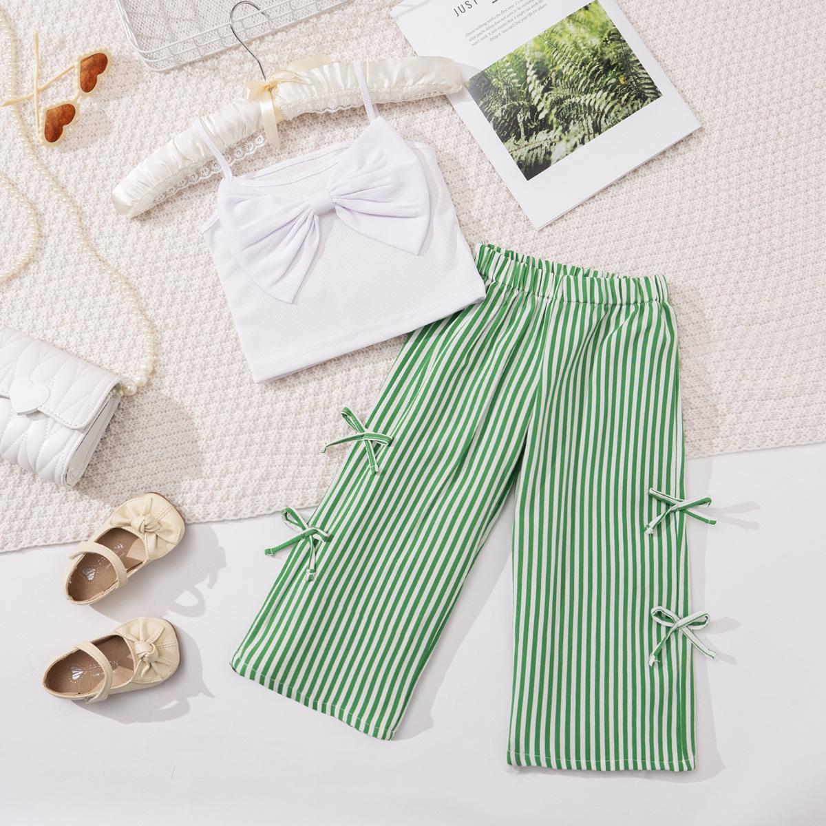 

Hot-Selling Summer Girls Camisole Top and Striped Long Pants Set for Toddlers and Infants, Baby Wide-Leg Pants, Versatile Long Pants 130cm зелений