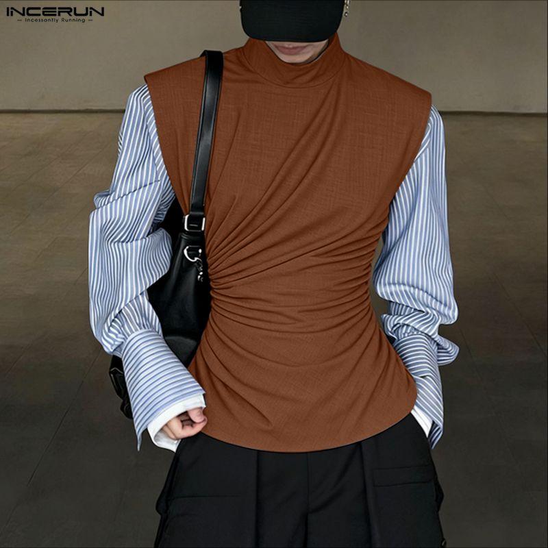 INCERUN Men Stand Collar Sleeveless Elastic Waist Fitted Casual Twisted Tank Tops