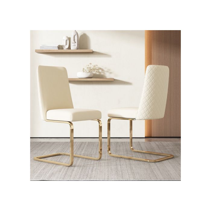 Chaises de salle à manger en velours, ensemble de 2, avec pieds en métal doré, beige