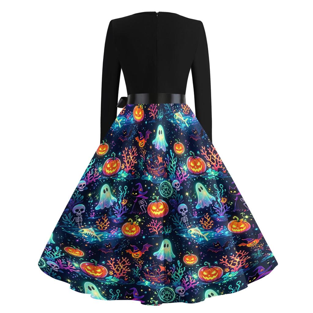 Women's Halloween Printed Long Sleeve Dress Round Neck Casual Dress