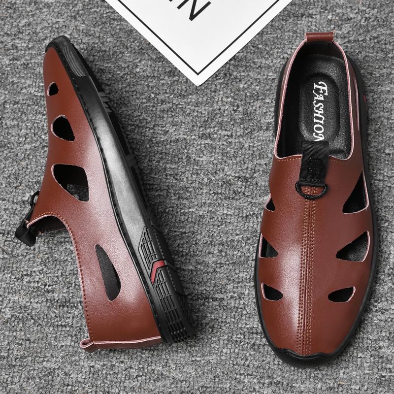FashionBrand Cow Leather Retro Sandals Men's Summer Shoes Leisure Beach Shoes Male Genuine Leather Slippers Brown Dress Loafers Men