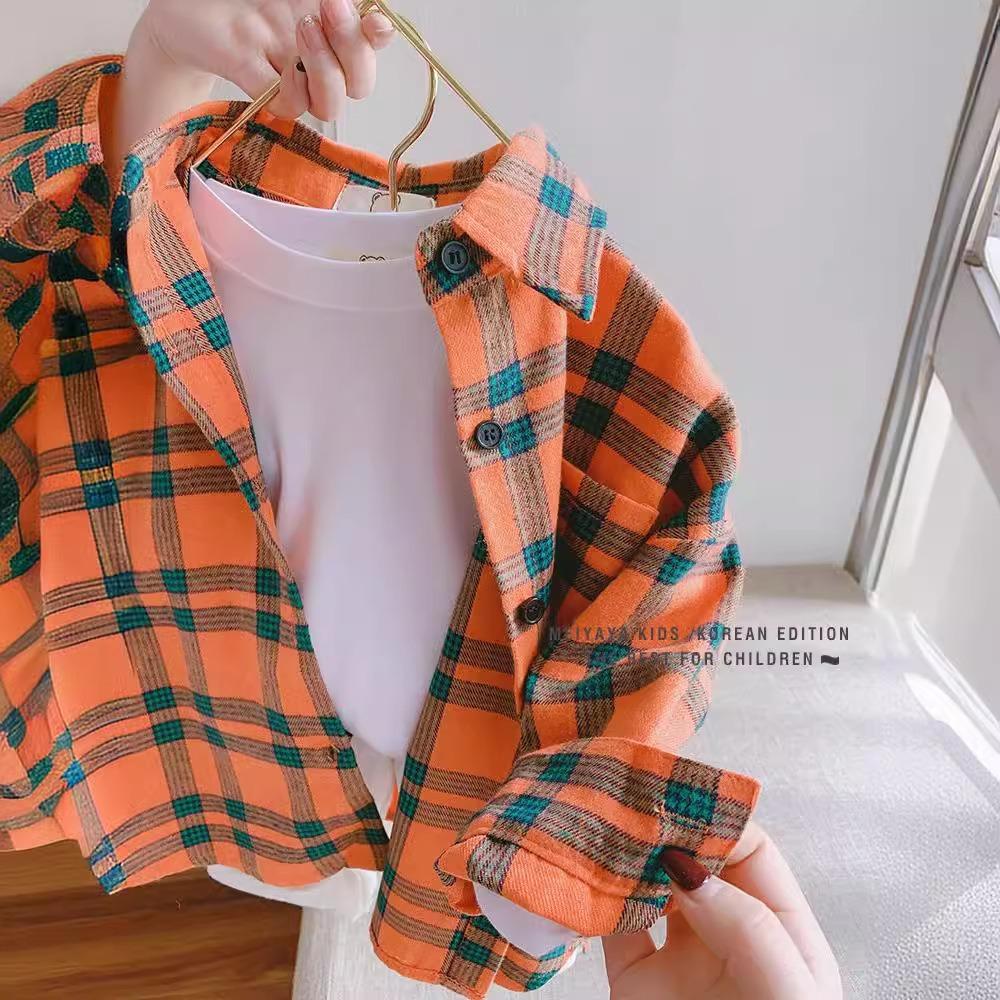 Boys Long Sleeve Plaid Shirt for Spring Autumn Korean Casual Top