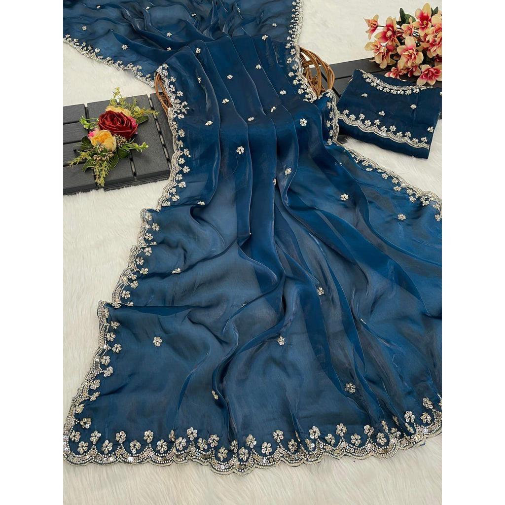 Latest New Wedding Wear Saree Heavy Embroidery Real Wal & Moti With Sequence Work*