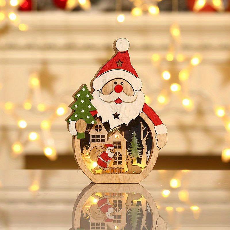 1 Set Christmas Wooden Ornaments with LED Lights, Santa and Snowman 3D Holiday Figures, Battery Operated ,AAA x 2, Not Included, Festive Home Decor,