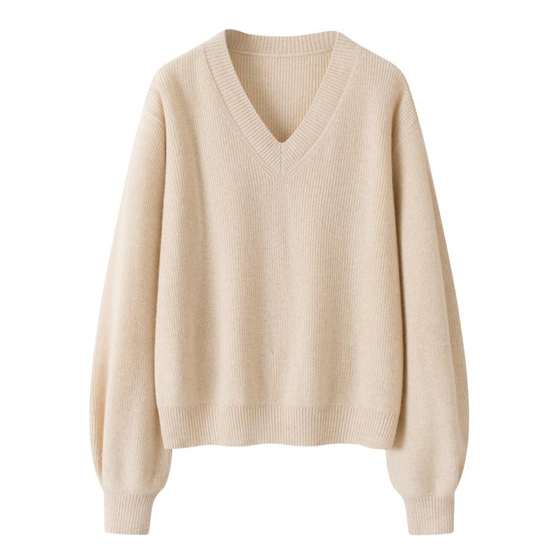 

2025 Autumn/Winter Women s Thick V-neck Cashmere Sweater - Drop Shoulder Long Sleeve Knitted Pullover XXL/110