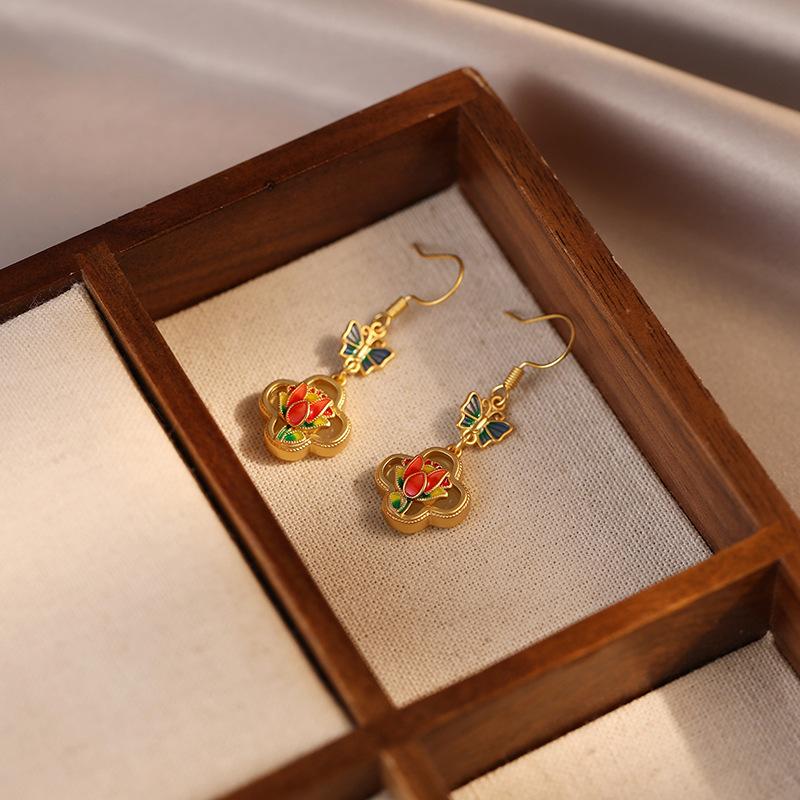 

серьги-подвески в виде бабочки и цветка из песочного золота с капающим маслом, новые, с китайским темпераментом, универсальные, с крючком для ушей, модные, нишевые, высококлассные