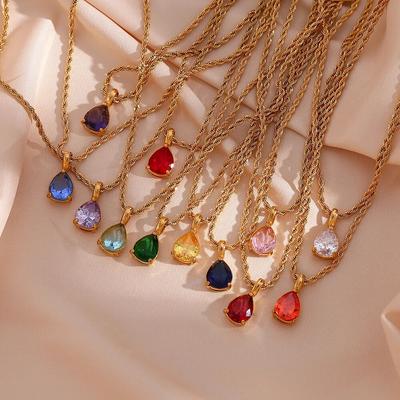 2022 moda à prova dwaterproof água birthstone colar jóias presente para as mulheres 12 cores zircão waterdrop pingente colar com corda corrente