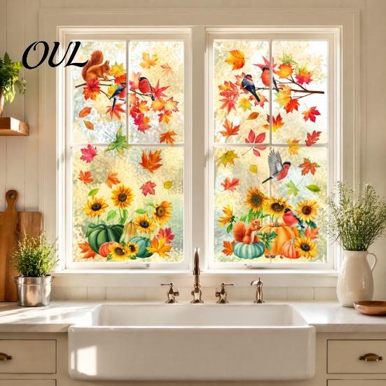 Reusable Harvest Party Supplies Autumn Window Decals, Sunflower Maple Leaf Pumpkin Bird Static Cling Stickers, Scattered Pattern Decor Fall