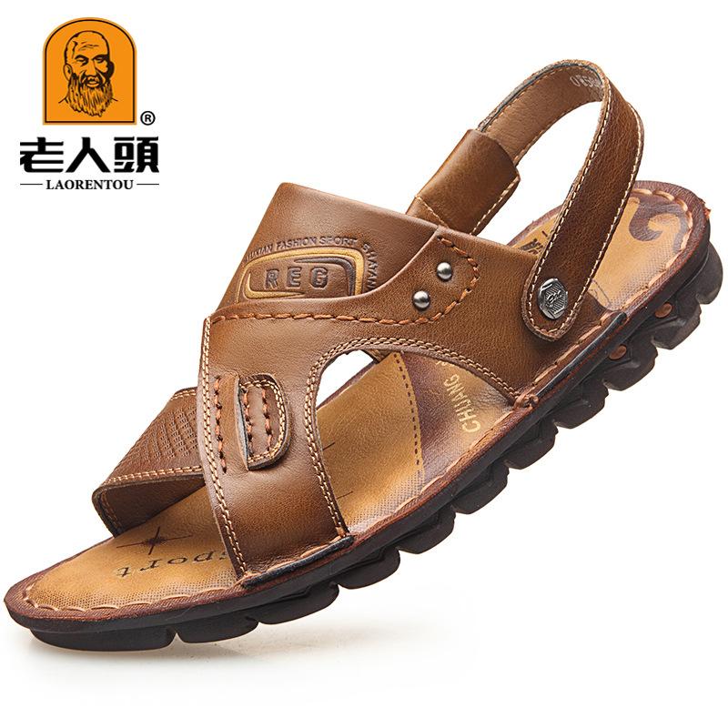 Old man head sandals men's 2024 summer new first-layer cowhide casual beach shoes genuine leather thick-soled non-slip cool slippers